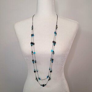 💘Slate Gray Long Double Chain Turquoise Beads Necklace